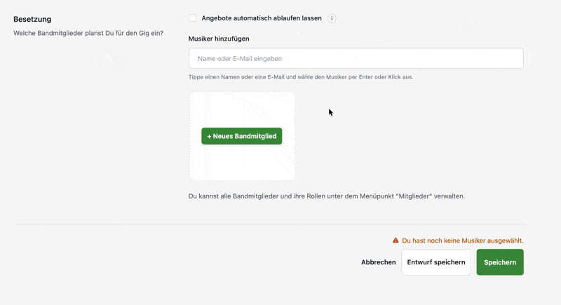 Mitglieder beim Bearbeiten eines einzelnen Gigs hinzufügen oder entfernen in der deutschen Oberfläche